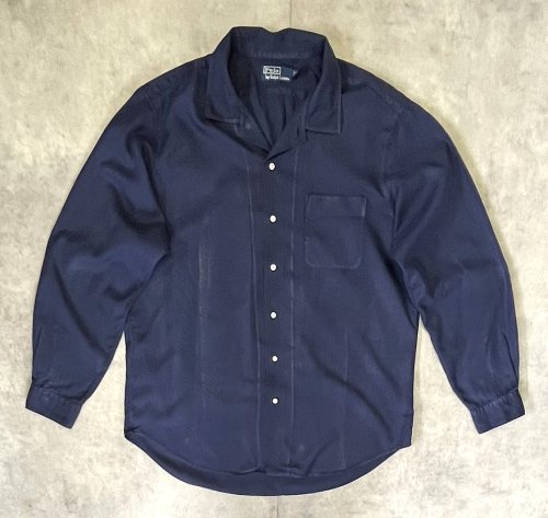 90'S RALPH LAUREN シルク/コットン/リネン ヘリンボーン オープンカラーシャツ ネイビー (VINTAGE) 「L/S Shirt」入荷しました。