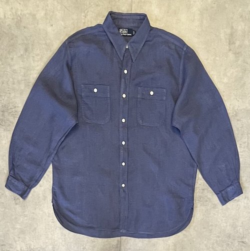 90'S RALPH LAUREN チンスト＆マチ付き リネンシャツ ダークブルー (VINTAGE) 「L/S Shirt」入荷しました。