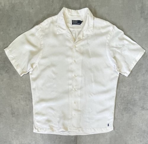 90'S RALPH LAUREN シルク/リネン 裾ロゴ 半袖 オープンカラーシャツ オフホワイト (VINTAGE)「S/S Shirt」入荷しました。