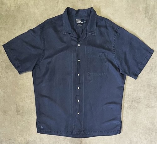 90'S RALPH LAUREN "CALDWELL" シルク/リネン 裾ロゴ 半袖 オープンカラーシャツ ネイビー (VINTAGE)「S/S Shirt」入荷しました。