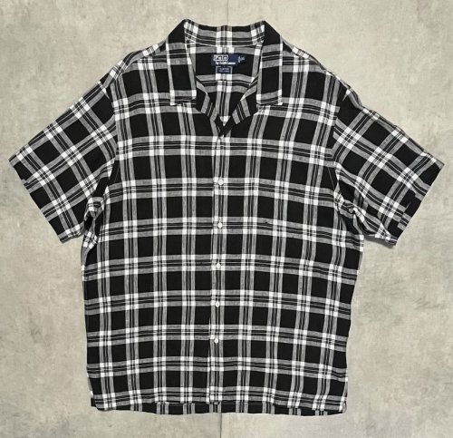 90'S RALPH LAUREN "CLAYTON" リネン ロゴ無し 半袖 オープンカラーシャツ ブラック/ホワイト (VINTAGE)「S/S Shirt」入荷しました。