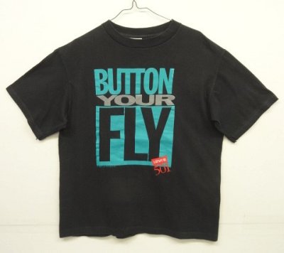 画像1: 90'S LEVIS 501 "BUTTON YOUR FLY" シングルステッチ Tシャツ ブラック USA製 (VINTAGE)