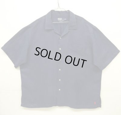 画像1: 90'S RALPH LAUREN 裾ロゴ入り シルク/リネン 半袖 オープンカラーシャツ ネイビー (VINTAGE)