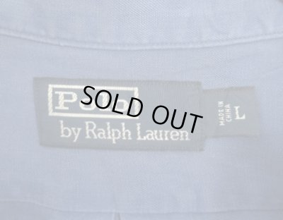 画像2: 90'S RALPH LAUREN シルク/リネン 裾ロゴ刺繍 長袖 オープンカラーシャツ ブルー (VINTAGE)