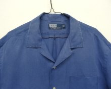 他の写真1: 90'S RALPH LAUREN シルク/リネン 裾ロゴ刺繍 長袖 オープンカラーシャツ ブルー (VINTAGE)