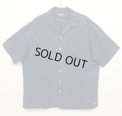 画像1: 90'S RALPH LAUREN 裾ロゴ シルク/リネン 半袖 オープンカラーシャツ ネイビー (VINTAGE)