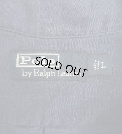 画像2: 90'S RALPH LAUREN 裾ロゴ シルク/リネン 半袖 オープンカラーシャツ ネイビー (VINTAGE)