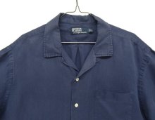 他の写真1: 90'S RALPH LAUREN 裾ロゴ シルク/リネン 半袖 オープンカラーシャツ ネイビー (VINTAGE)