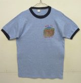 70'S UNKNOWN シングルステッチ 染み込みプリント 半袖 リンガーTシャツ ブルーヘザー (VINTAGE)