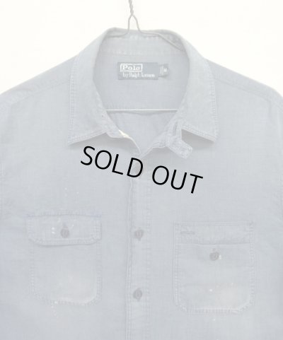 画像3: 90'S RALPH LAUREN チンスト付き メタル猫目ボタン シャンブレー ワークシャツ ブルー (VINTAGE)