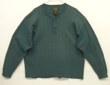90'S EDDIE BAUER 黒タグ シングルステッチ 針抜きリブ 猫目ボタン ヘンリーネック 長袖 Tシャツ ダークグリーン USA製 (VINTAGE)