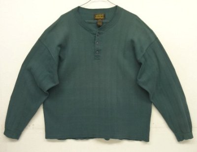 画像1: 90'S EDDIE BAUER 黒タグ シングルステッチ 針抜きリブ 猫目ボタン ヘンリーネック 長袖 Tシャツ ダークグリーン USA製 (VINTAGE)