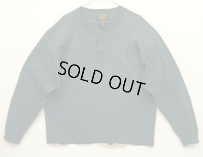 画像1: 90'S EDDIE BAUER 黒タグ シングルステッチ 針抜きリブ 猫目ボタン ヘンリーネック 長袖 Tシャツ ダークグリーン USA製 (VINTAGE)