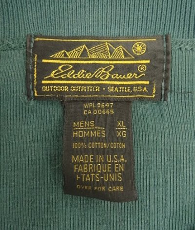 画像2: 90'S EDDIE BAUER 黒タグ シングルステッチ 針抜きリブ 猫目ボタン ヘンリーネック 長袖 Tシャツ ダークグリーン USA製 (VINTAGE)