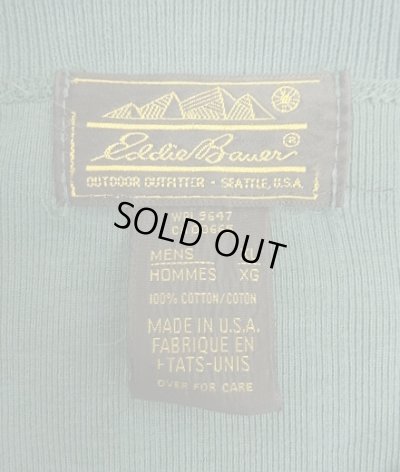 画像2: 90'S EDDIE BAUER 黒タグ シングルステッチ 針抜きリブ 猫目ボタン ヘンリーネック 長袖 Tシャツ ダークグリーン USA製 (VINTAGE)