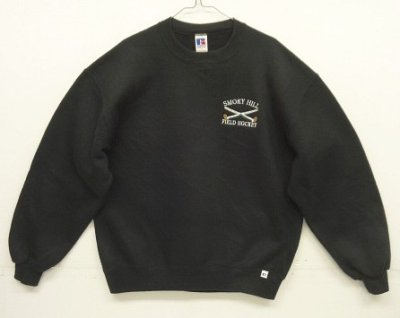 画像1: 90'S RUSSELL ATHLETIC 前Vガゼット付き ロゴ刺繍 クルーネック スウェットシャツ ブラック USA製 (VINTAGE)