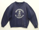 90'S RUSSELL ATHLETIC 前Vガゼット付き プリント入り クルーネック スウェットシャツ フェードネイビー (VINTAGE)