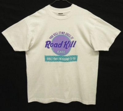 画像1: 90'S ROAD KILL CAFE シングルステッチ 両面プリント 半袖 Tシャツ ホワイト USA製 (VINTAGE)