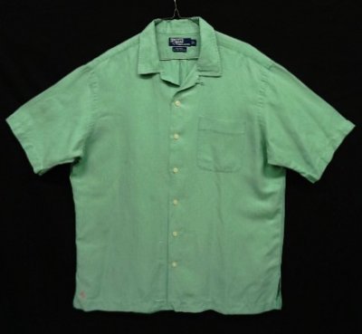 画像1: 90'S RALPH LAUREN "CALDWELL" シルク/リネン 裾ロゴ 半袖 オープンカラーシャツ ミントグリーン (VINTAGE)