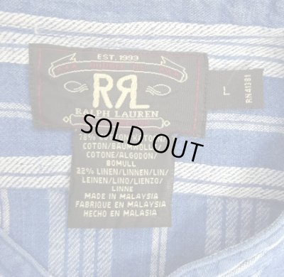 画像2: 90'S RRL 初期 三ツ星タグ コットン/リネン マチ付き バンドカラーシャツ インディゴストライプ (VINTAGE)