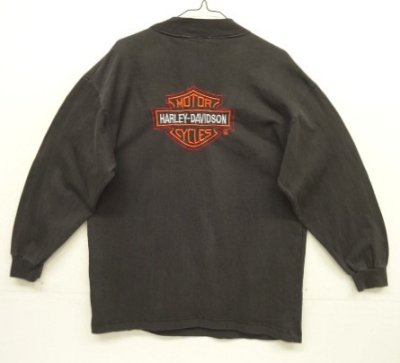 画像4: 90'S HARLEY DAVIDSON 両面ロゴ刺繍 モックネック 長袖 Tシャツ ブラック (VINTAGE)