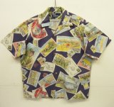 90'S RALPH LAUREN コットン 半袖 オープンカラーシャツ ネイビー/ポストカード柄 (VINTAGE)