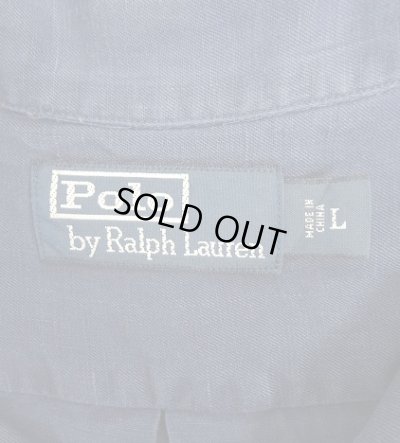 画像2: 90'S RALPH LAUREN シルク/リネン 裾ロゴ 半袖 オープンカラーシャツ ネイビー (VINTAGE)