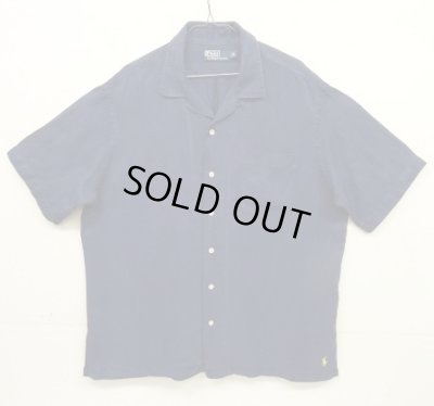 画像1: 90'S RALPH LAUREN シルク/リネン 裾ロゴ 半袖 オープンカラーシャツ ネイビー (VINTAGE)