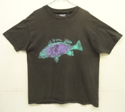 画像1: 80'S FISH PRINT シングルステッチ 半袖 Tシャツ フェードブラック USA製 (VINTAGE)