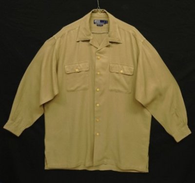 画像1: 90'S RALPH LAUREN レーヨン 長袖 オープンカラーシャツ タン (VINTAGE)