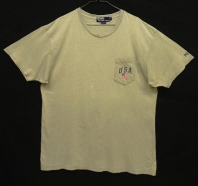 画像1: 90'S RALPH LAUREN シングルステッチ ポケット付き 半袖 Tシャツ ヘザーグレージュ (VINTAGE)