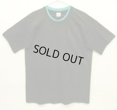 画像1: 90'S FRUIT OF THE LOOM シングルステッチ ダブルネック 半袖 Tシャツ ブラック/ターコイズ USA製 (VINTAGE)