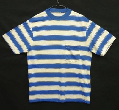 画像1: 70'S UNKNOWN シングルステッチ ポケット付き 半袖 Tシャツ ブルー/ホワイト ボーダー (VINTAGE)