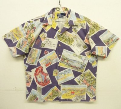 画像1: 90'S RALPH LAUREN コットン 半袖 オープンカラーシャツ ネイビー/ポストカード柄 (VINTAGE)