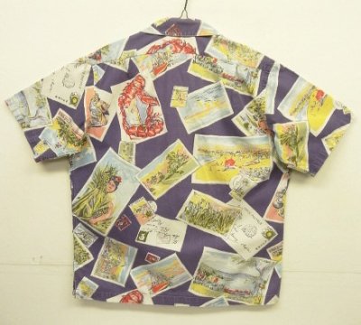 画像3: 90'S RALPH LAUREN コットン 半袖 オープンカラーシャツ ネイビー/ポストカード柄 (VINTAGE)