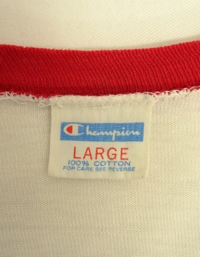 画像2: 70'S CHAMPION バータグ シングルステッチ 染み込みプリント 半袖 リンガー Tシャツ ホワイト USA製 (VINTAGE)