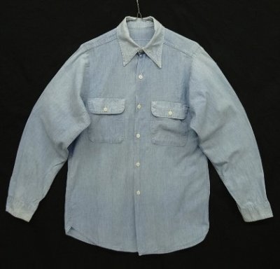 画像1: 70'S UNKNOWN コットン100% 耳付きシャンブレーシャツ ブルー USA製 (VINTAGE)
