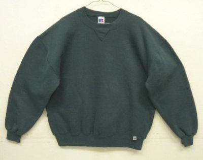 画像1: 90'S RUSSELL ATHLETIC 前Vガゼット付き クルーネック スウェットシャツ ダークグリーン USA製 (VINTAGE)