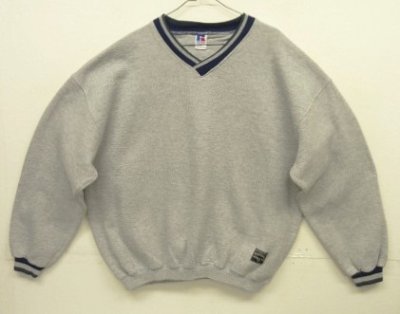画像1: 90'S RUSSELL ATHLETIC ライン入りリブ Vネック スウェットシャツ ヘザーグレー USA製 (VINTAGE)