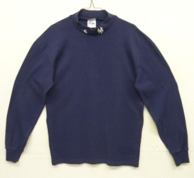 画像1: 90'S MAJESTIC "NEWYORK YANKEES" モックネック 長袖 Tシャツ ネイビー USA製 (VINTAGE)