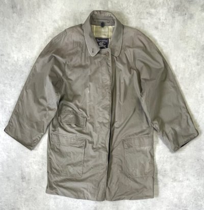 画像1: 80'S BURBERRYS コットン/ウール 裏地チェック バルマカーンコート カーキ/ネイビー イングランド製 (VINTAGE)