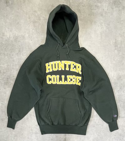 画像1: 90'S CHAMPION "HUNTER COLLEGE" 刺繍タグ リバースウィーブ パーカー グリーン USA製 (VINTAGE)