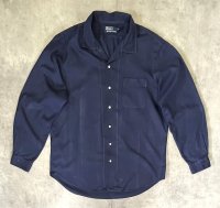 90'S RALPH LAUREN シルク/コットン/リネン ヘリンボーン オープンカラーシャツ ネイビー (VINTAGE)