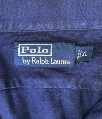画像2: 90'S RALPH LAUREN シルク/コットン/リネン ヘリンボーン オープンカラーシャツ ネイビー (VINTAGE)