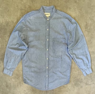 画像1: 90'S EDDIE BAUER 白タグ シャンブレー バンドカラーシャツ ブルー (VINTAGE)