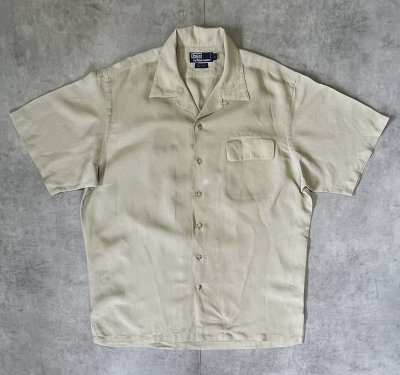 画像1: 90'S RALPH LAUREN レーヨン/リネン 片側フラップ付きポケット 半袖 オープンカラーシャツ ライトカーキ (VINTAGE)