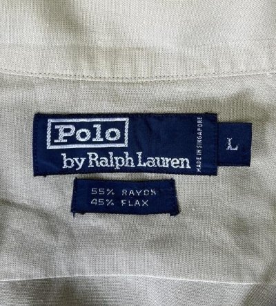 画像2: 90'S RALPH LAUREN レーヨン/リネン 片側フラップ付きポケット 半袖 オープンカラーシャツ ライトカーキ (VINTAGE)