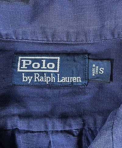 画像2: 90'S RALPH LAUREN シルク/リネン 裾ロゴ 半袖 オープンカラーシャツ ネイビー (VINTAGE)