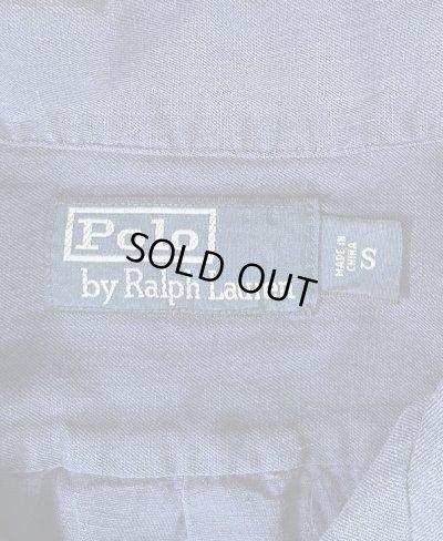 画像2: 90'S RALPH LAUREN シルク/リネン 裾ロゴ 半袖 オープンカラーシャツ ネイビー (VINTAGE)