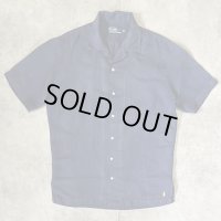 90'S RALPH LAUREN シルク/リネン 裾ロゴ 半袖 オープンカラーシャツ ネイビー (VINTAGE)